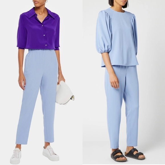 GANNI Textured Crepe High Rise Elastic Waist Cropped Ankle Zip Slim Trousers S - Picture 1 of 12